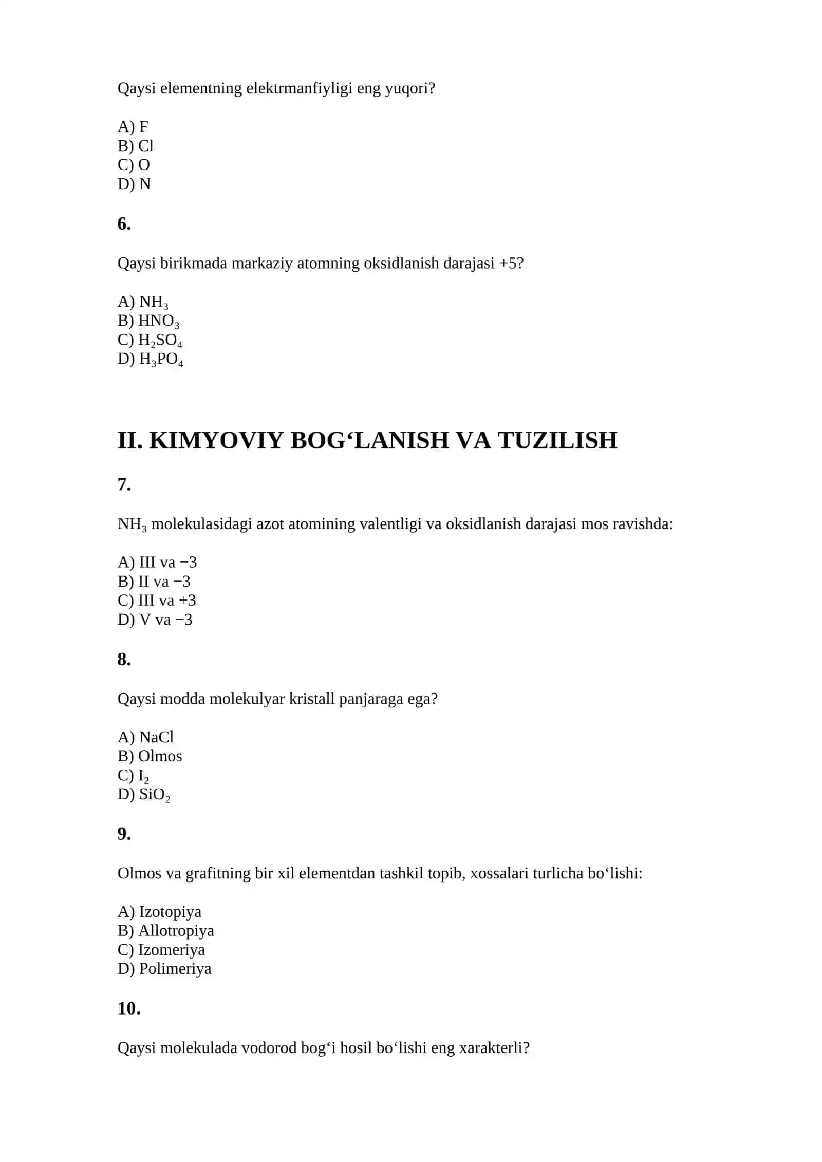 KIMYO FANI O‘QITUVCHILARI UCHUN KASBIY IMTIHON 2