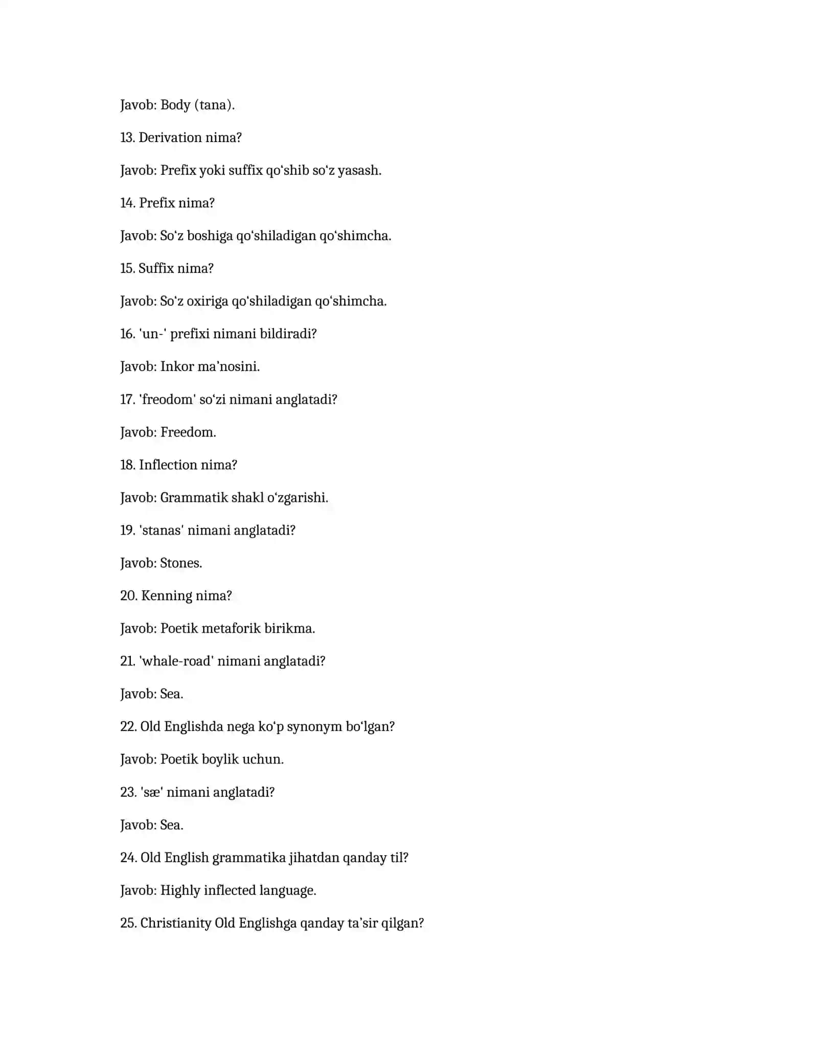 Old English Vocabulary and Word Formation: 30 Questions and Answers 2