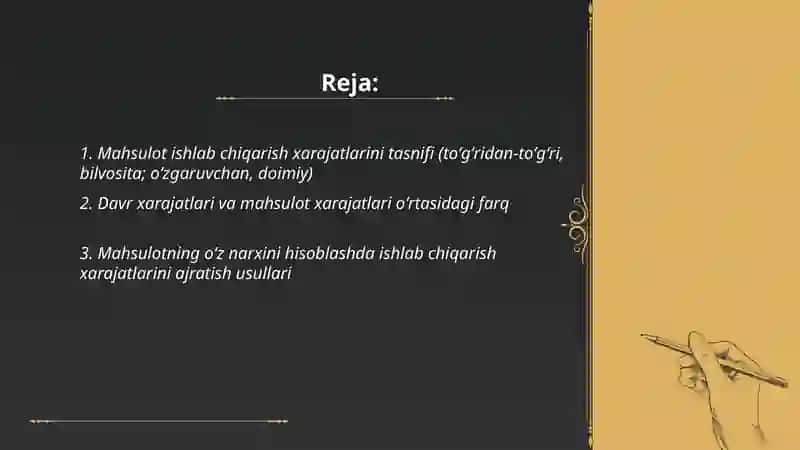 Mahsulot ishlab chiqarish va davr xarajatlari tahlili 2