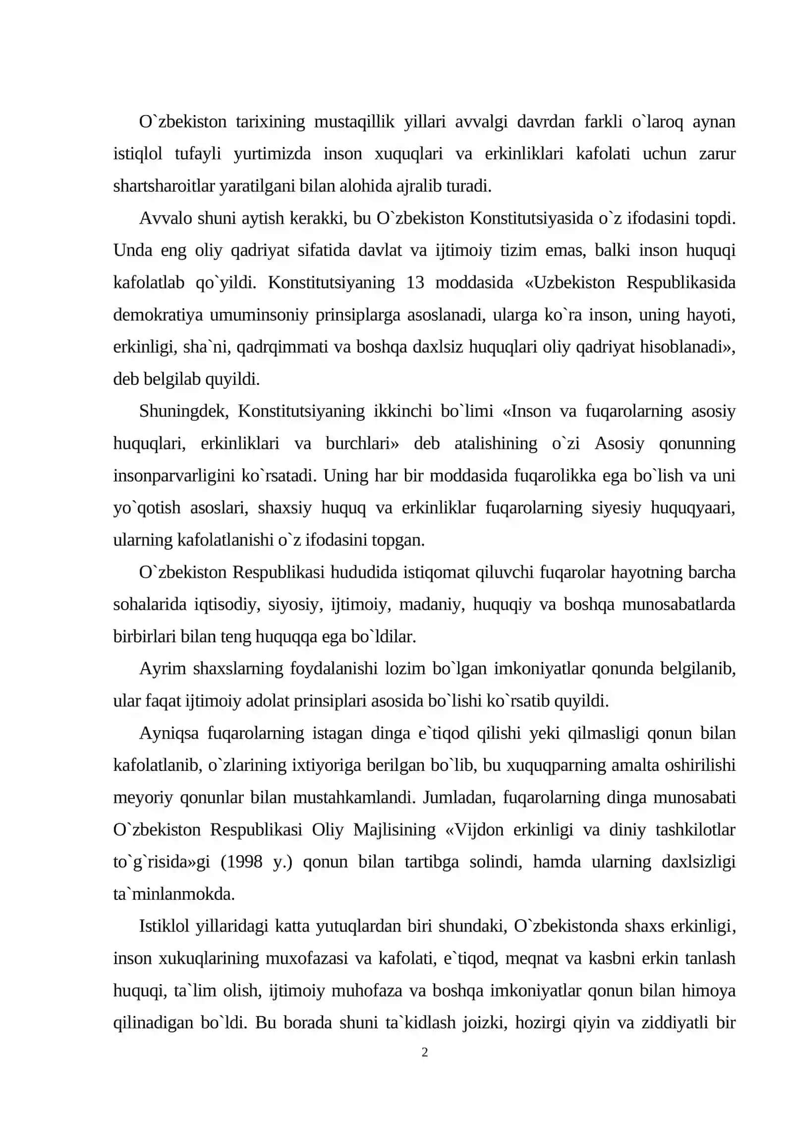 O`zbekistonda inson huquqlari va erkinliklari kafolatining yaratilishi 2