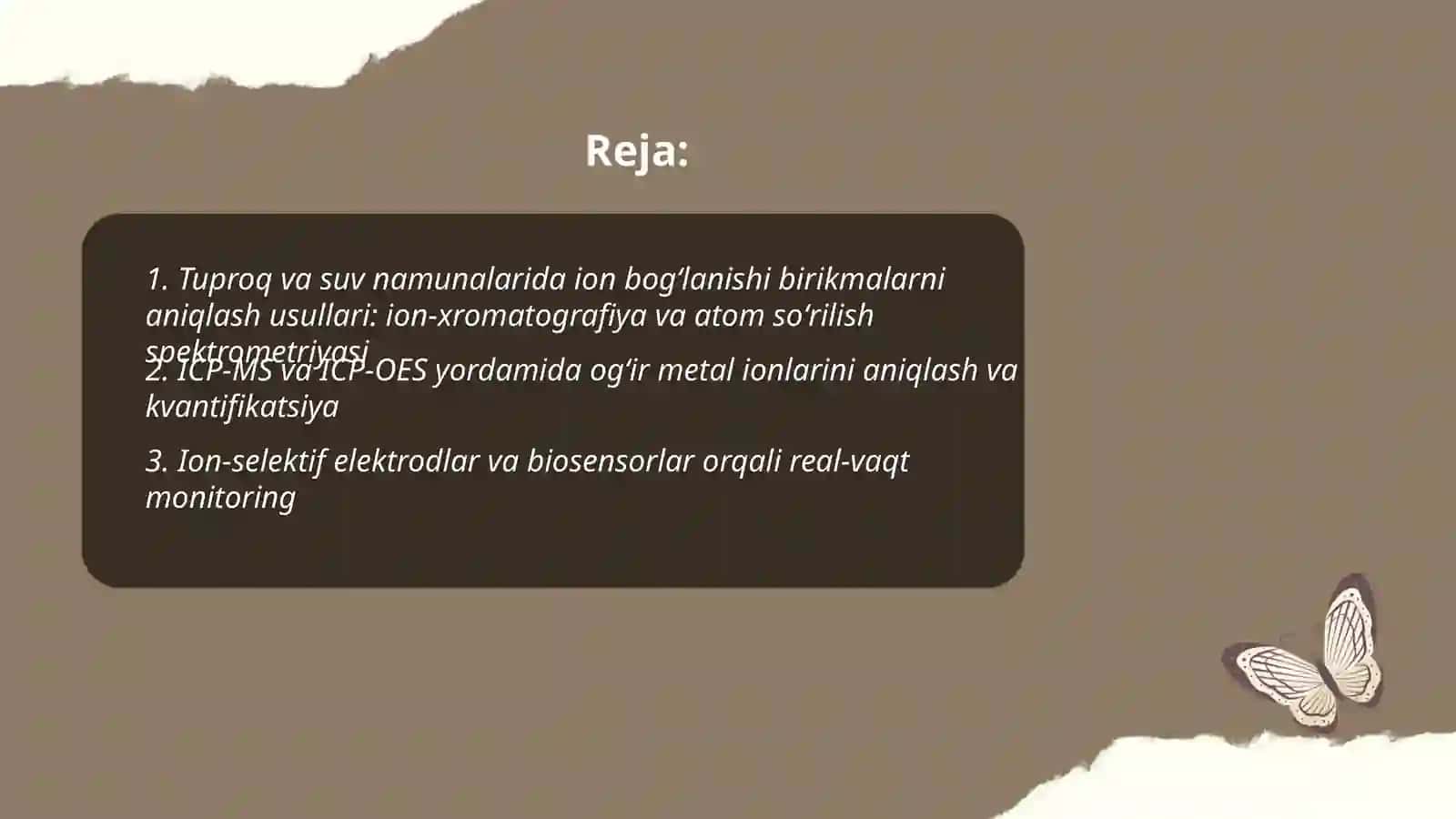 Tuproq va suvning ifloslanishida ion bogʻlanishi birikmalarini aniqlash usullari 2