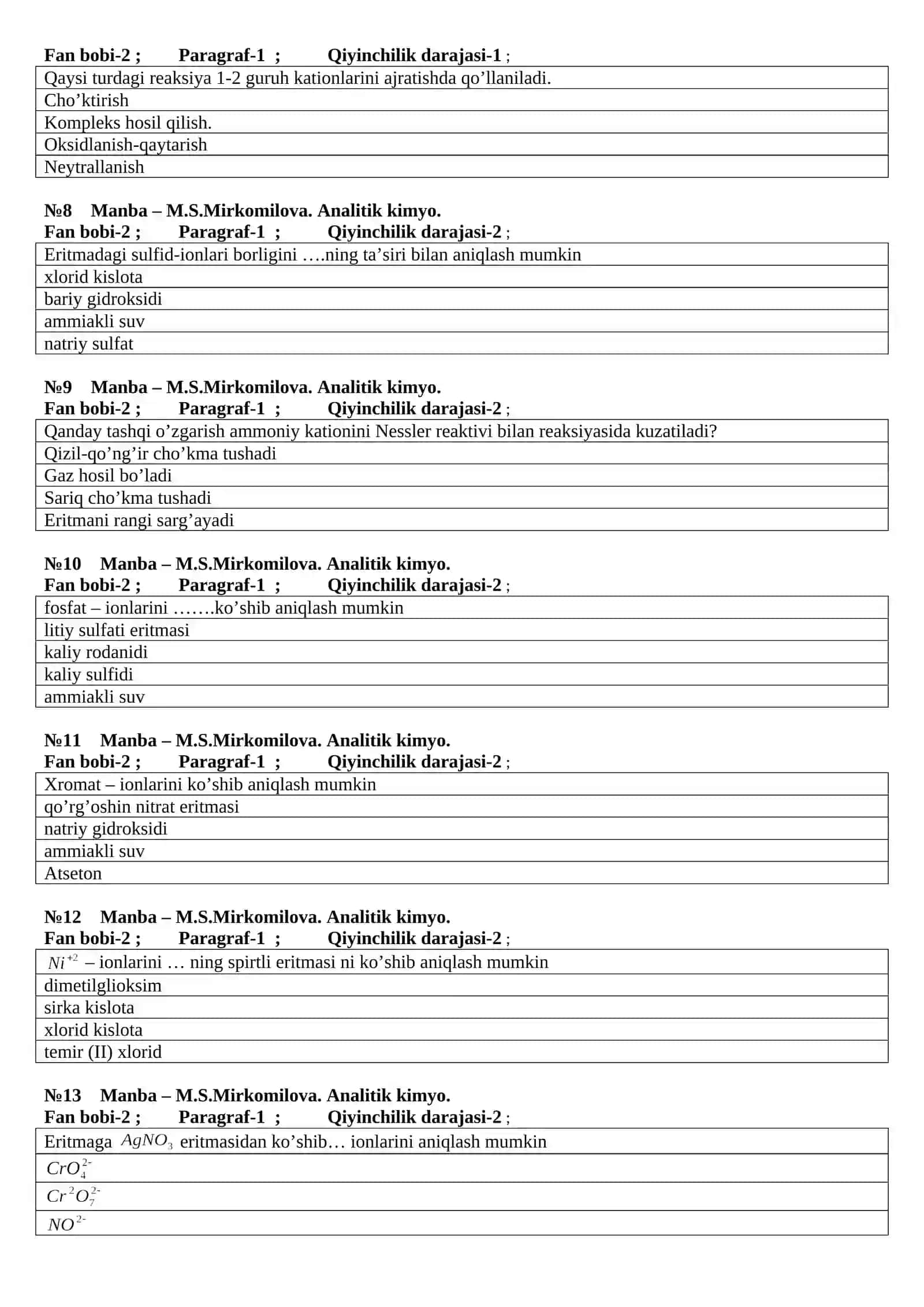 Analitik kimyo fanidan test 2