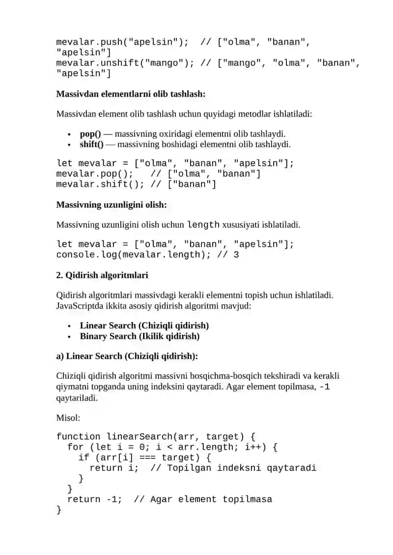 JavaScriptda massivlar bilan ishlash 2