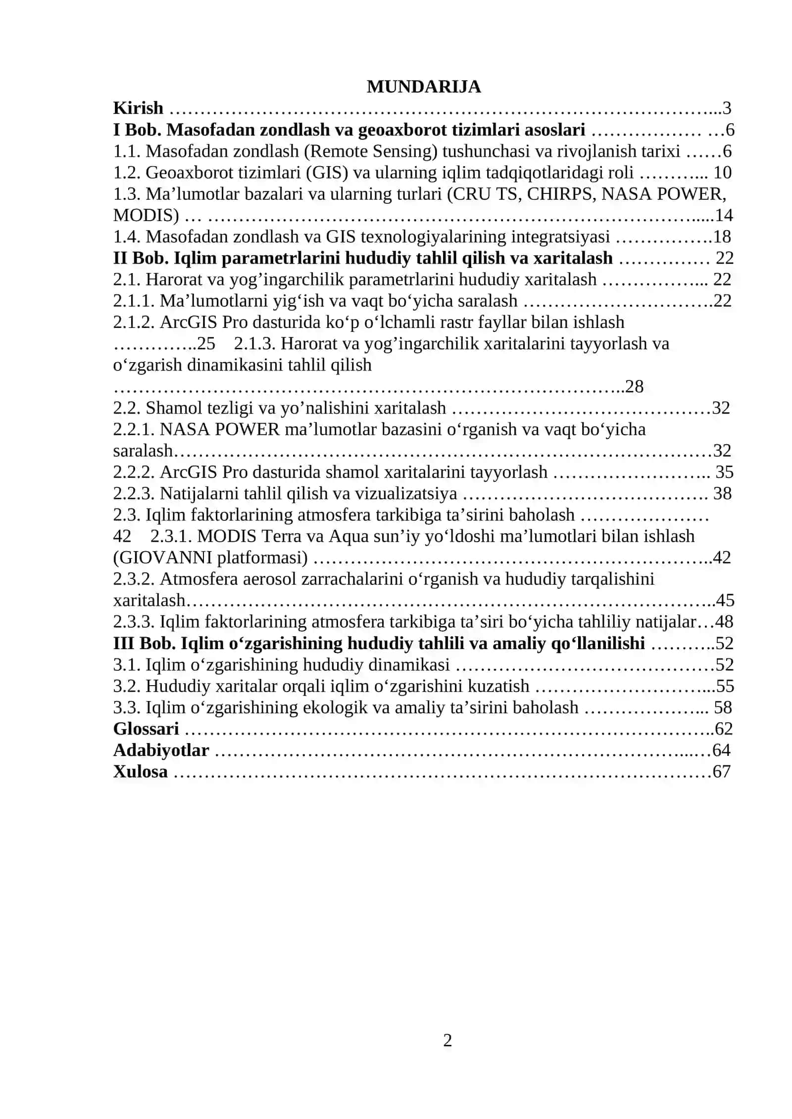 Geoaxborot tizimlari va masofadan zondlash ma’lumotlari yordamida iqlim o‘zgarish jarayonlarini hududiy tahlil qilish, xaritalashtirish hamda atmosferaga ta’sirini aniqlash kurs ishi 2