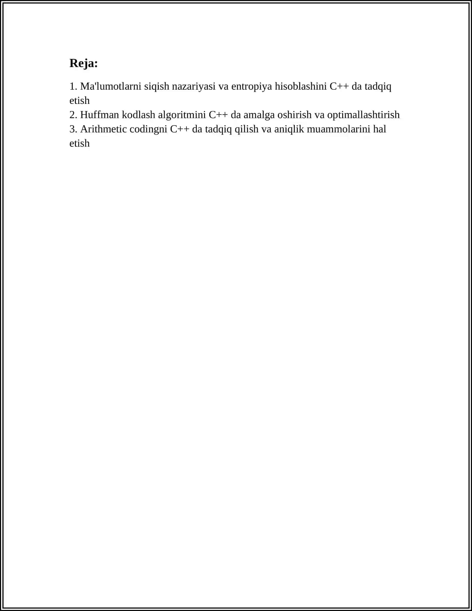 MA'LUMOTLARNI KOMPRESSIYALASH ALGORITIMLARNI C++ TILIDA TADQIQ ETISH 2