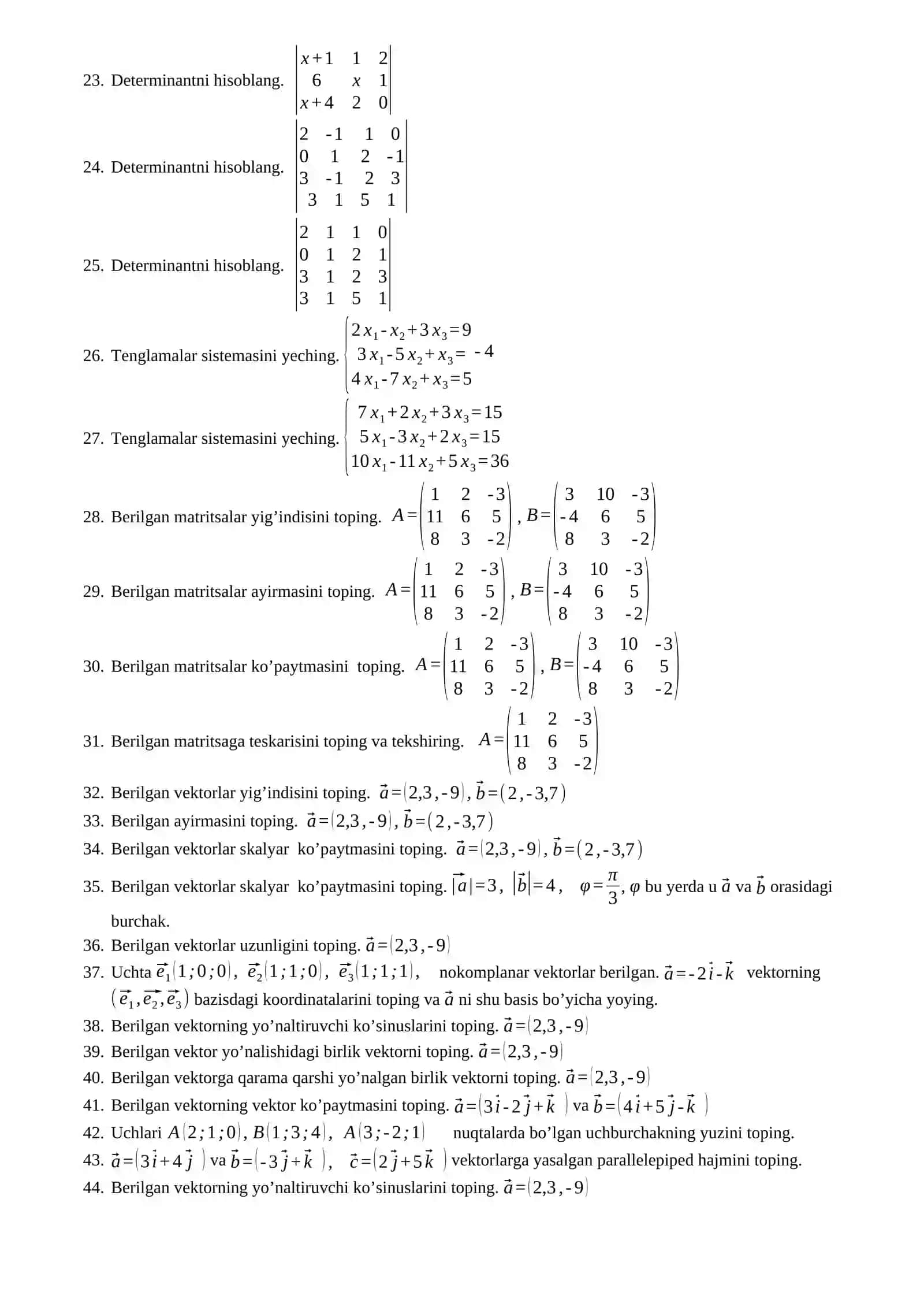 Chiziqli algebra va analitik geometriya yakuniy nazorat savollari 2