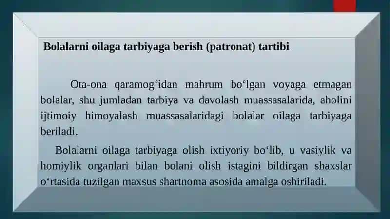 OTA-ONA QARAMOG'IDAN MAHRUM BO'LGAN BOLALARNI OILAGA TARBIYA BERISH PATRONAT 2
