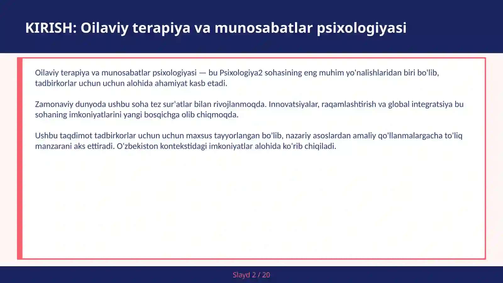 Oilaviy terapiya va munosabatlar psixologiyasi 2