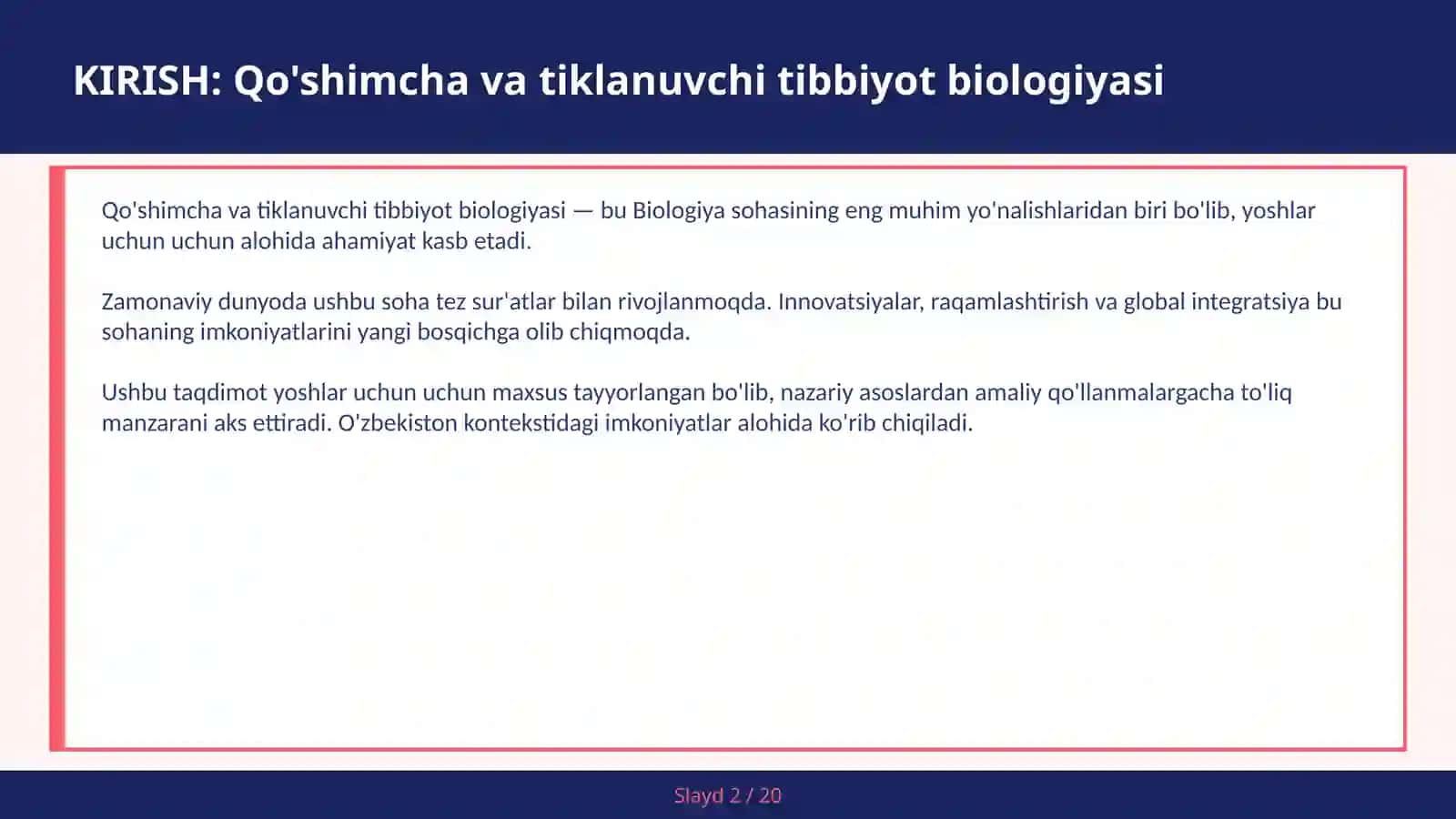 QO'SHIMCHA VA TIKLANUVCHI TIBBIYOT BIOLOGIYASI 2