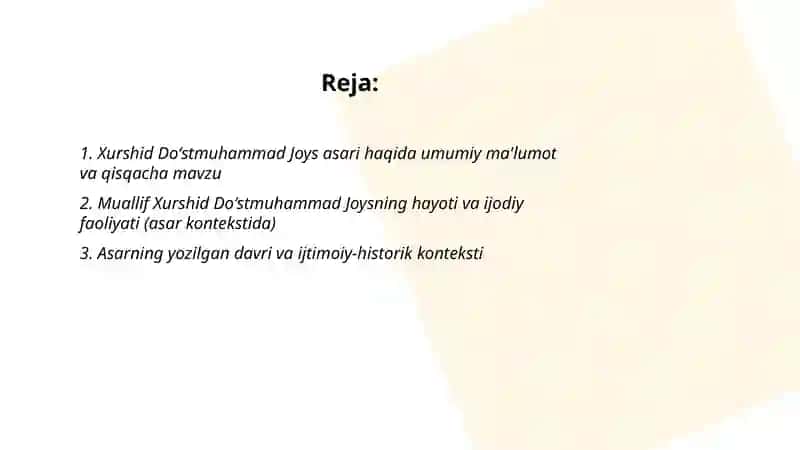 Xurshid Doʻstmuhammad Joys asari taqdimot 2