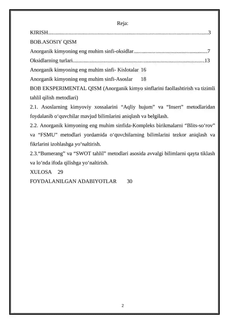 “ANORGANIK KIMYONING ENG MUHIM SINFLARI” MAVZUSI HAQIDAGI BILIMLARNI UMUMLASHTIRISH METODIKASI 2