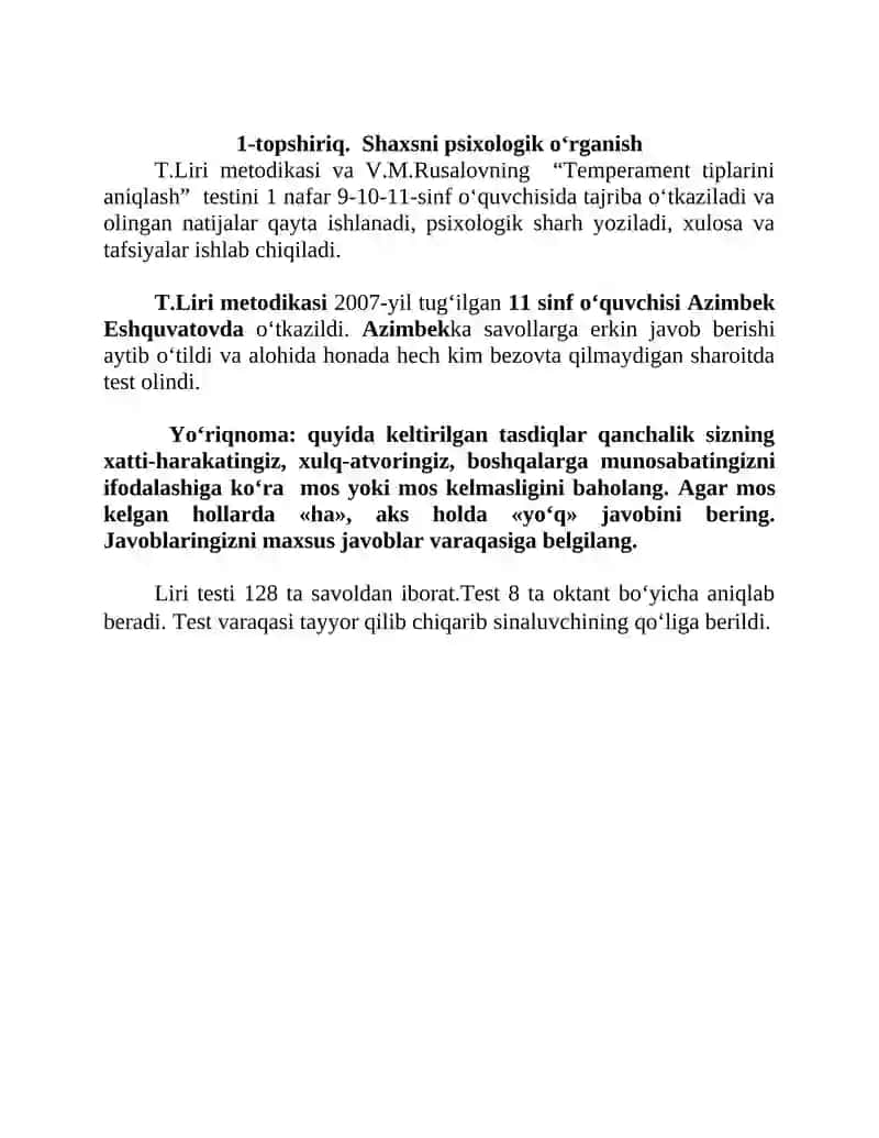 T.Liri metodikasi va V.M.Rusalovning  “Temperament tiplarini aniqlash”  testi 2