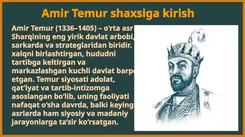 Amir Temur va Temuriylar davri renessansi. “Temur tuzuklari” va uning ahamiyati. Mirzo Ulug‘bekning ilm-fandagi o‘rni 2