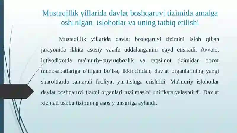 Mustaqillik yillarida davlat boshqaruvi tizimda amalga oshirilgan islohotlar 2