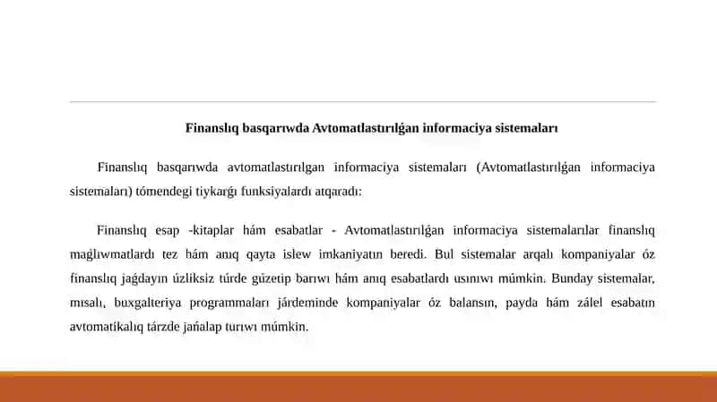 Finanslıq basqarıwda Avtomatlastırılǵan informaciya sistemaları 2