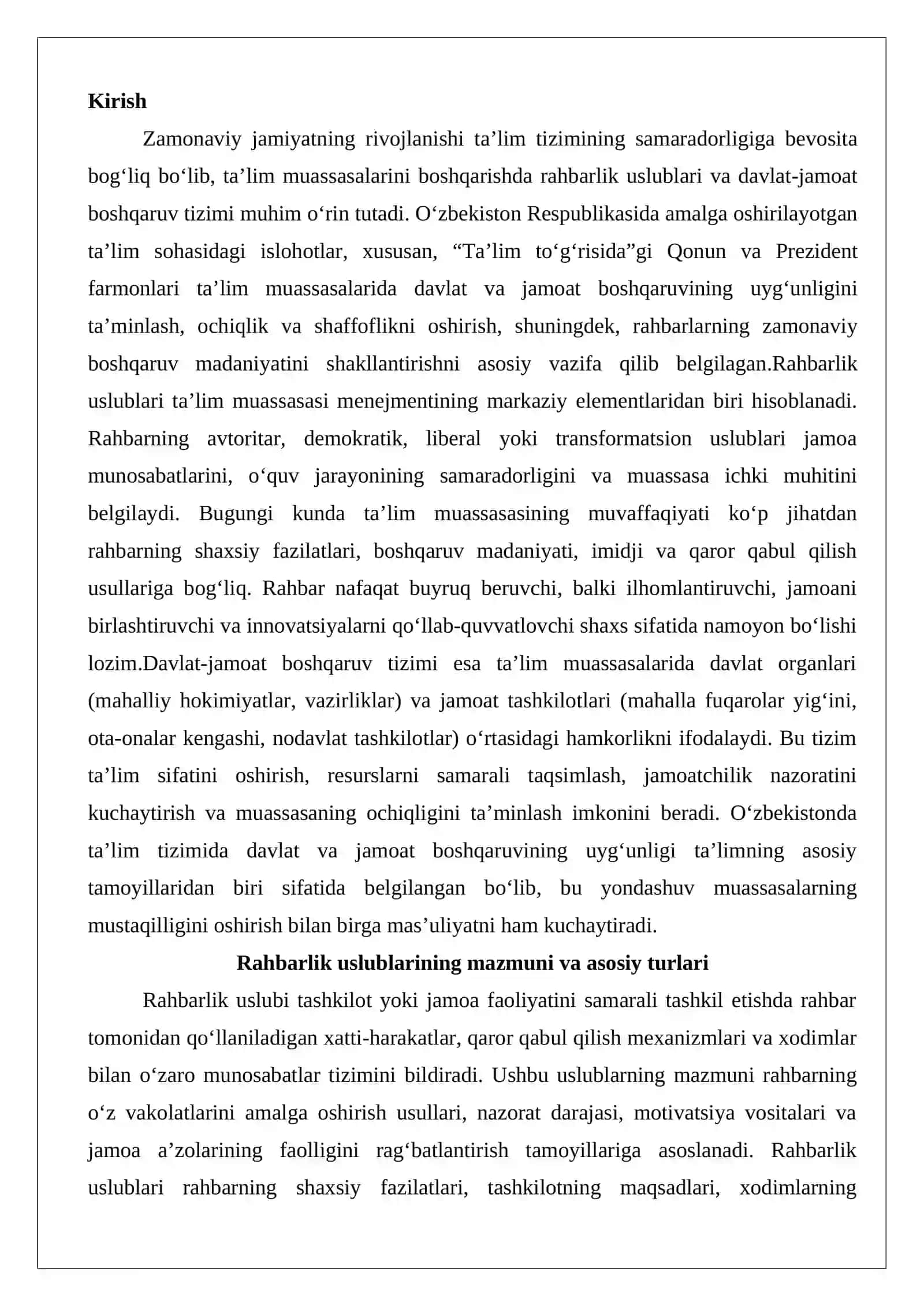 Rahbarlik uslublari. Ta’lim muassasasi menejmentining davlat-jamoat boshqaruv tizimi 2
