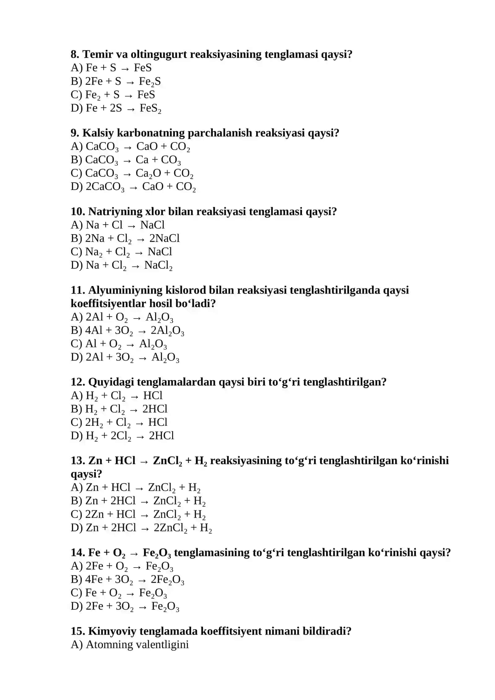 Kimyoviy reaksiyalar tenglamalarini tuzish 2