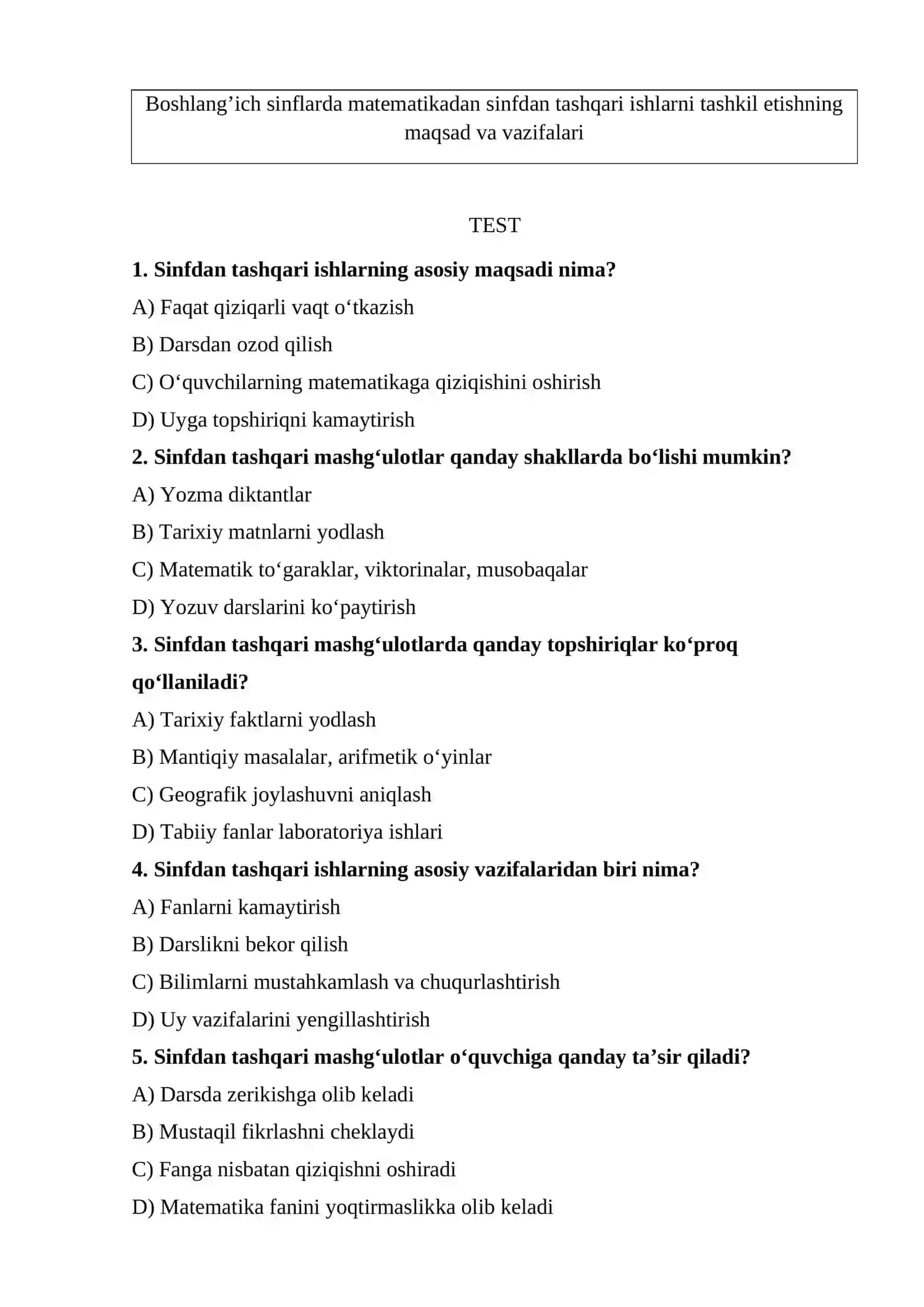 Boshlang‘ich sinflarda matematikadan sinfdan tashqari ishlarni tashkil etish 2