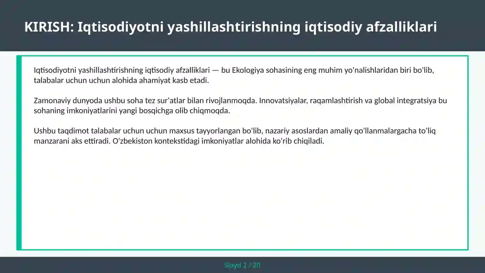 IQTISODIYOTNI YASHILLASHTIRISHNING IQTISODIY AFZALLIKLARI 2