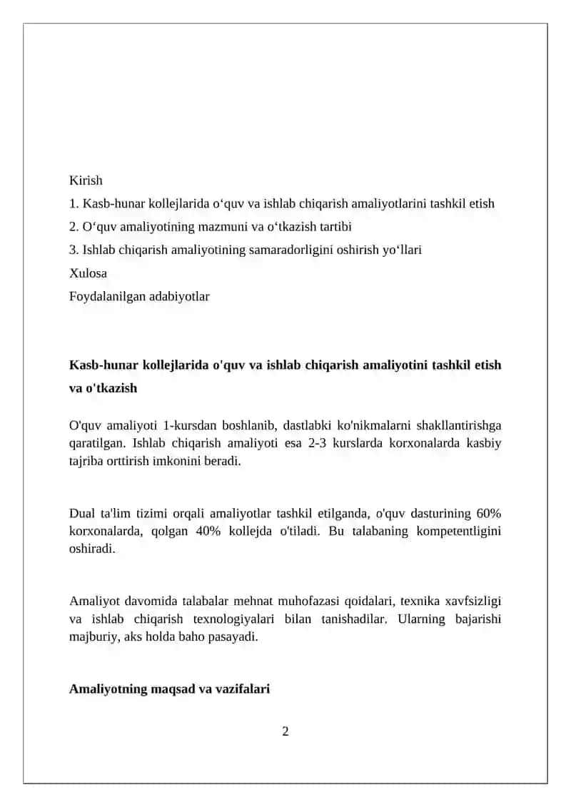 Kasb-hunar kollejlarida oʻquv, ishlab chiqarish amaliyotlarni tashkil etish va oʻtkazish 2