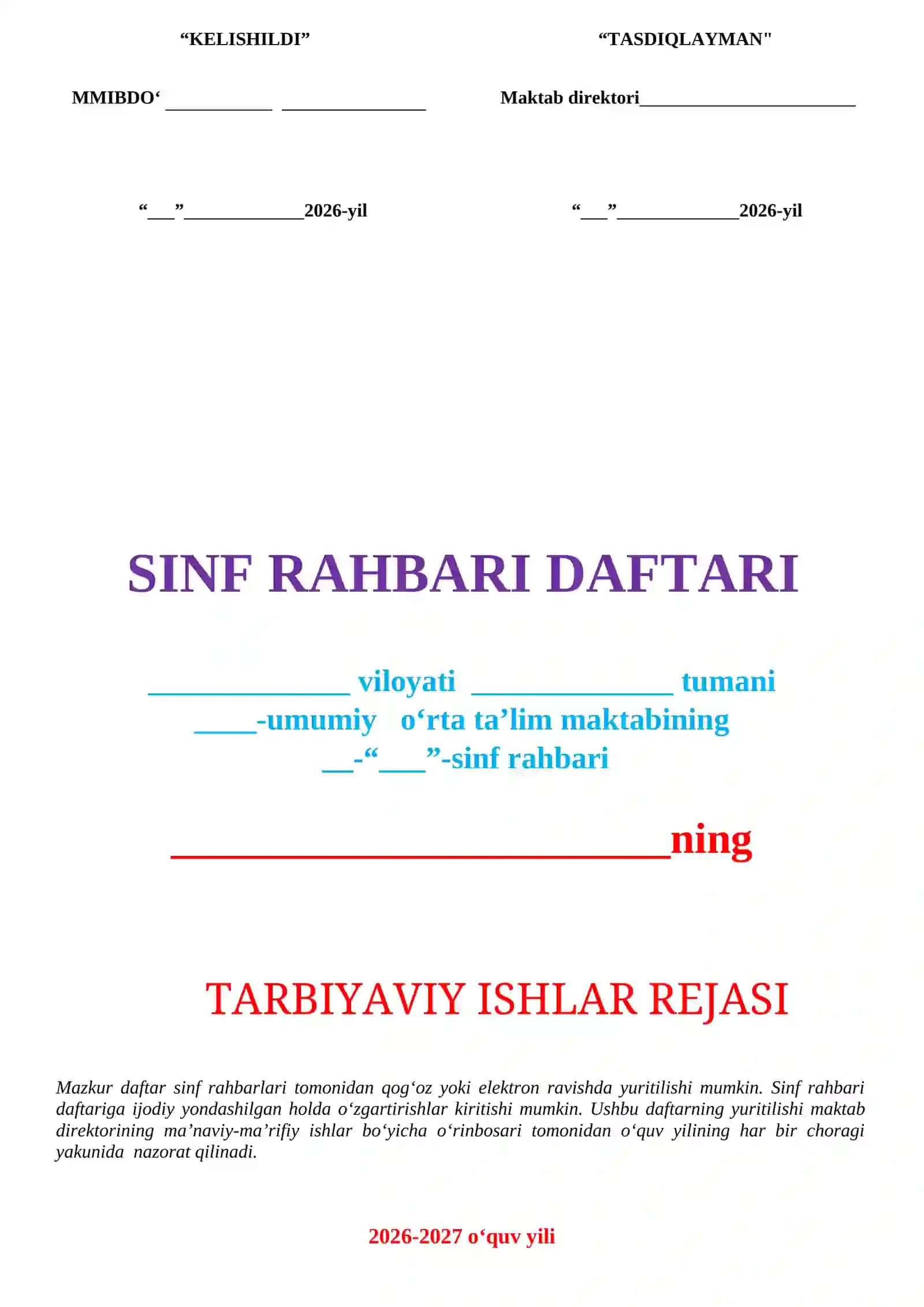 Sinf Rahbari Daftari 5-8 sinf 2026-2027 o'quv yili uchun 2