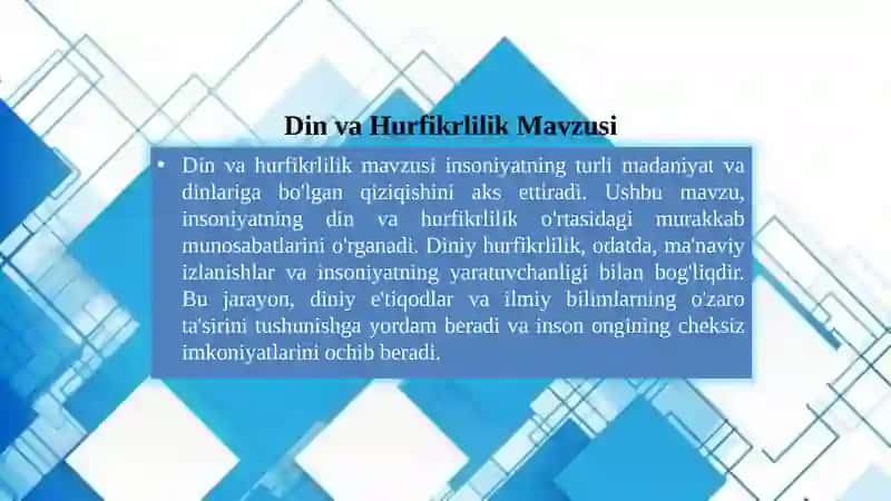 Mavzu:“Din va hurfikrlilik” mavzusida (Berdyayevning diniy hurfikrlilik haqidagi gʻoyalarini Gʻazzoliy gʻoyalari bilan qiyoslash). 2