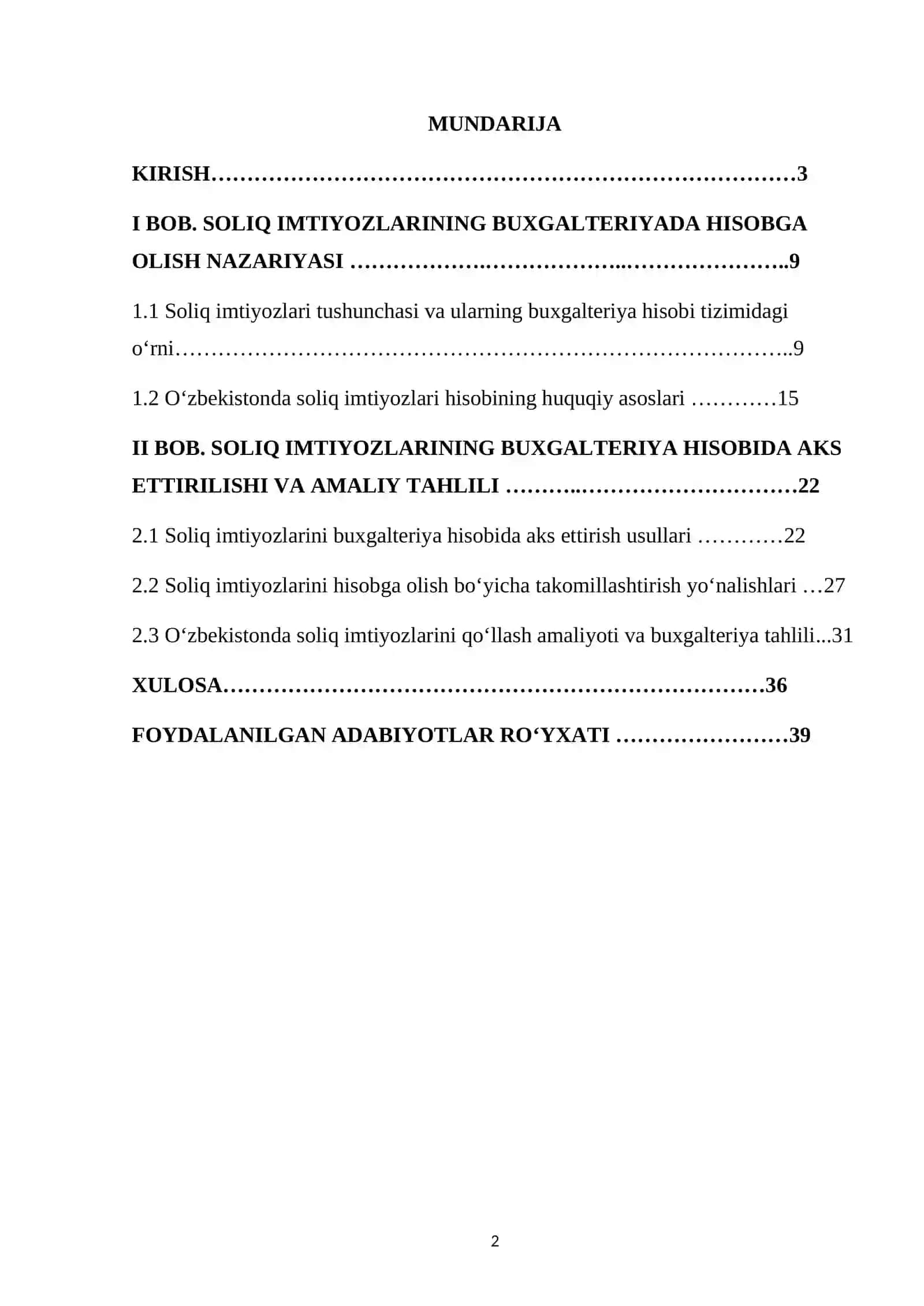 Soliq imtiyozlari hisobini yuritish kurs ishi 2
