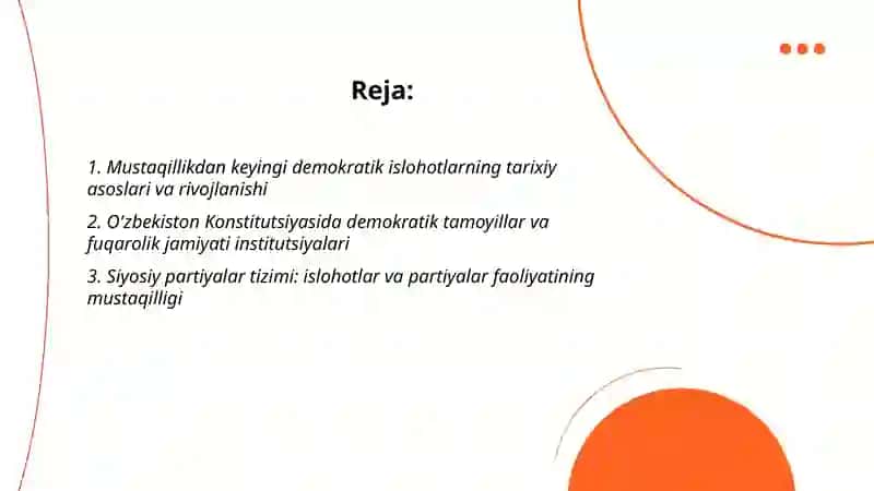 O'zbekistonda demokratik, fuqarolik jamiyati asoslarining shakllanishi, amalga oshirilgan siyosiy islohotlar 2