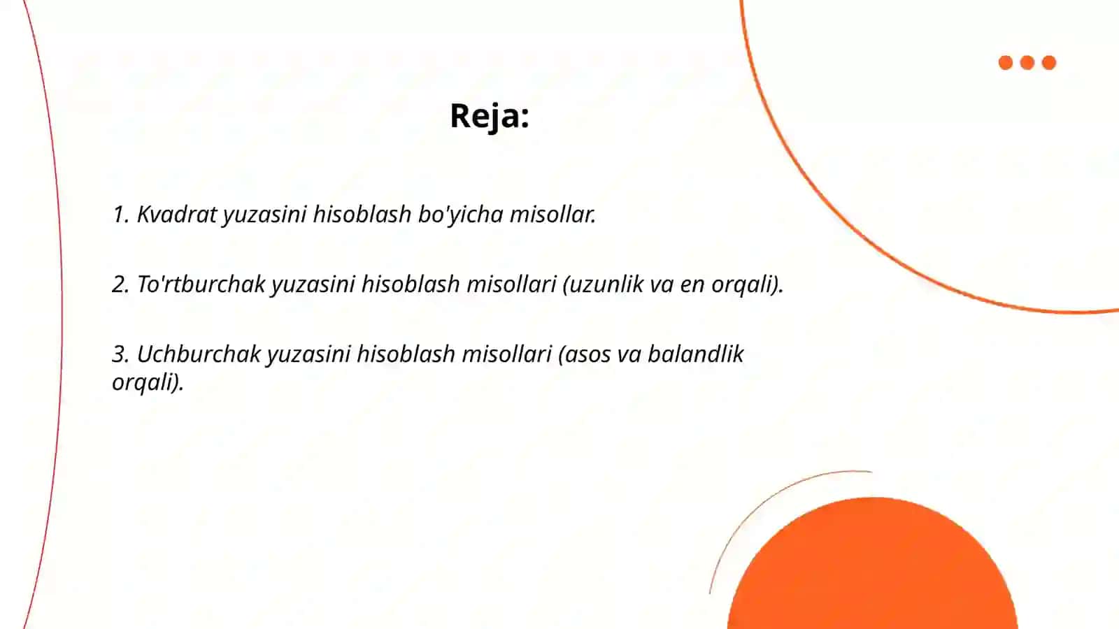 Tekis figuralarning yuzalariga oid  misollar yechish. Yuzalarni hisoblashga doir masalalar 2