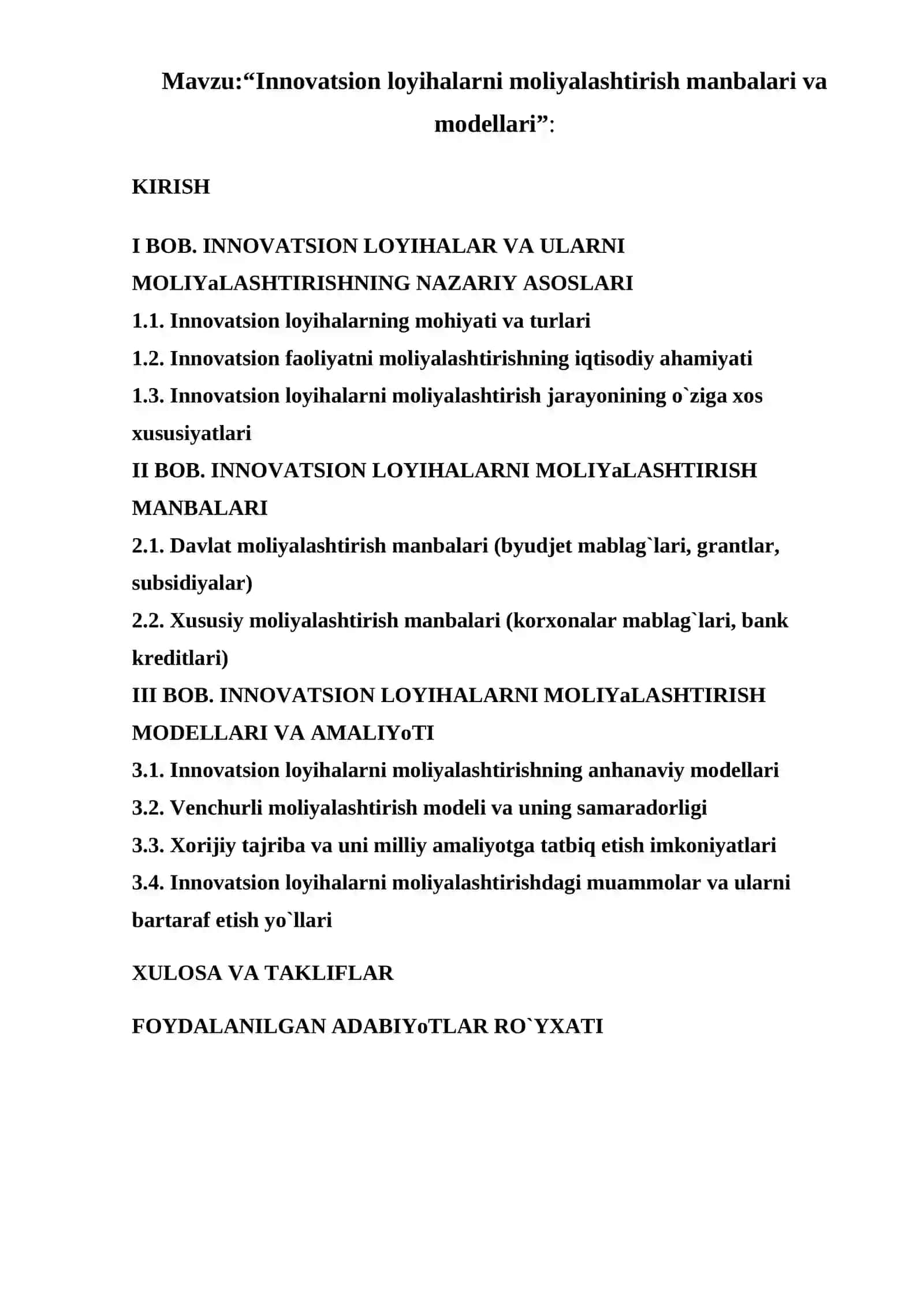 Innovatsion loyihalarni moliyalashtirish manbalari va modellari 2