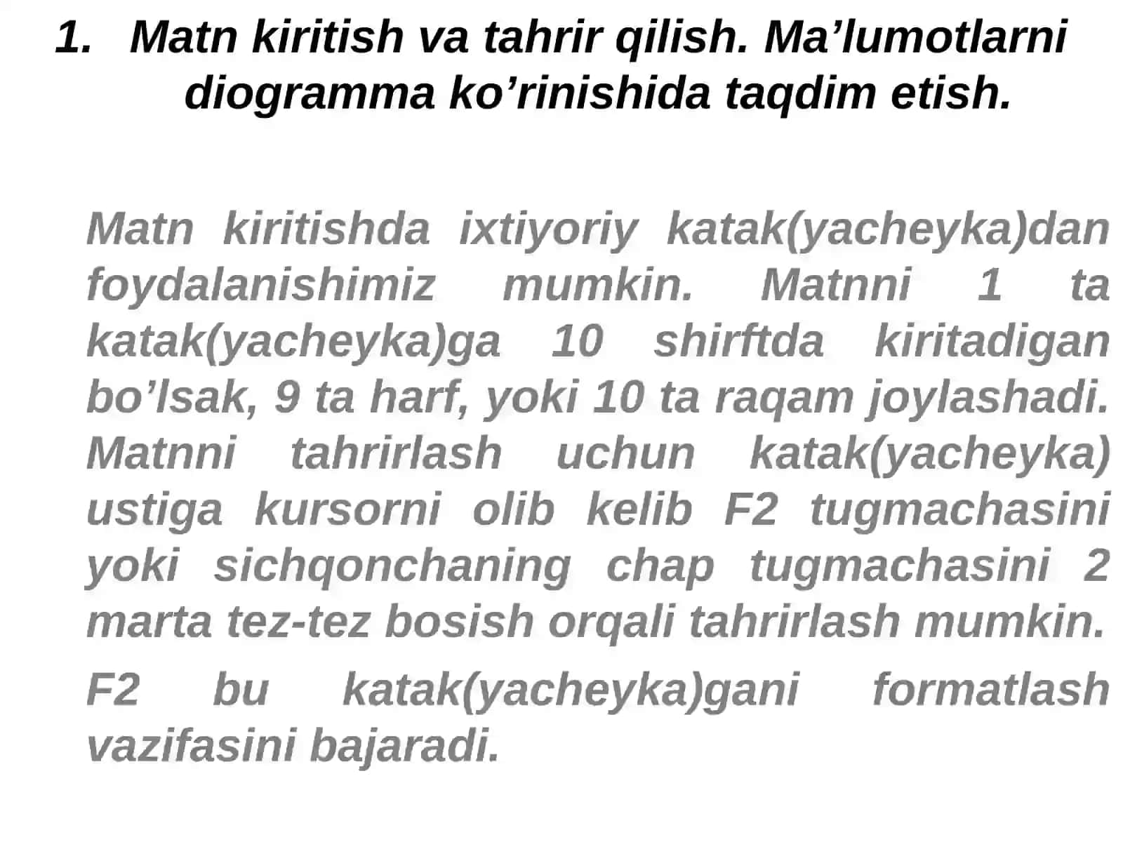 Matn kiritish va tahrir qilish. Ma’lumotlarni diogramma ko’rinishida taqdim etish. MS Excel electron jadvalida kataklarga formulalar kiritish. MS Excelning standart funksiyalaridan foydalanish 2