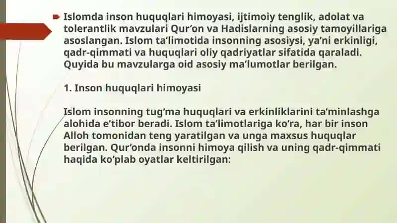 Islomda inson huquqlari himoyasi, ijtimoiy tenglik, adolat va tolerantlik 2