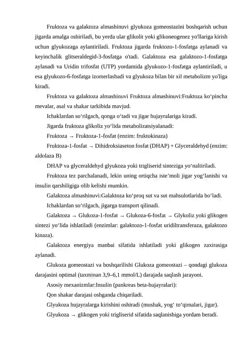 FRUKTOZA VA GALAKTOZA ALMASHINUVI. GLYUKOZA GOMEOSTAZI BOSHQARILISHI. 2