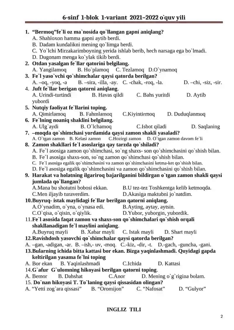 6-sinf 1-blok 1-variant 2021–2022 o`quv yili 2