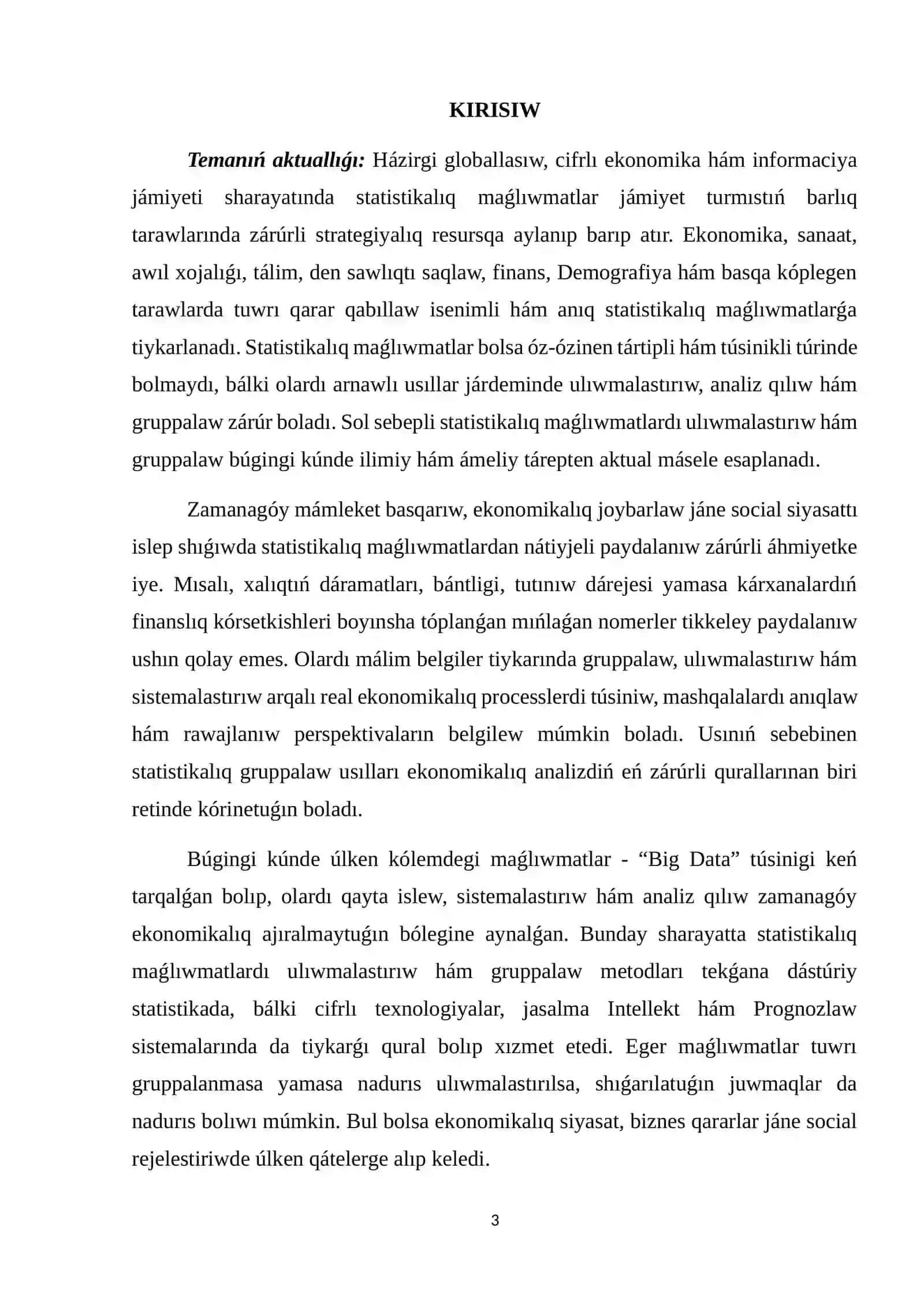 Statistikalıq maģlıwmatlardı ulıwmalastırıw hám toparlaw: teoriyalıq tiykarlar hám ámeliy qollanılıwı 2