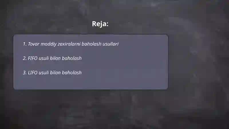 Tovar moddiy zaxiralarni togri baholanganligini tekshirish 2