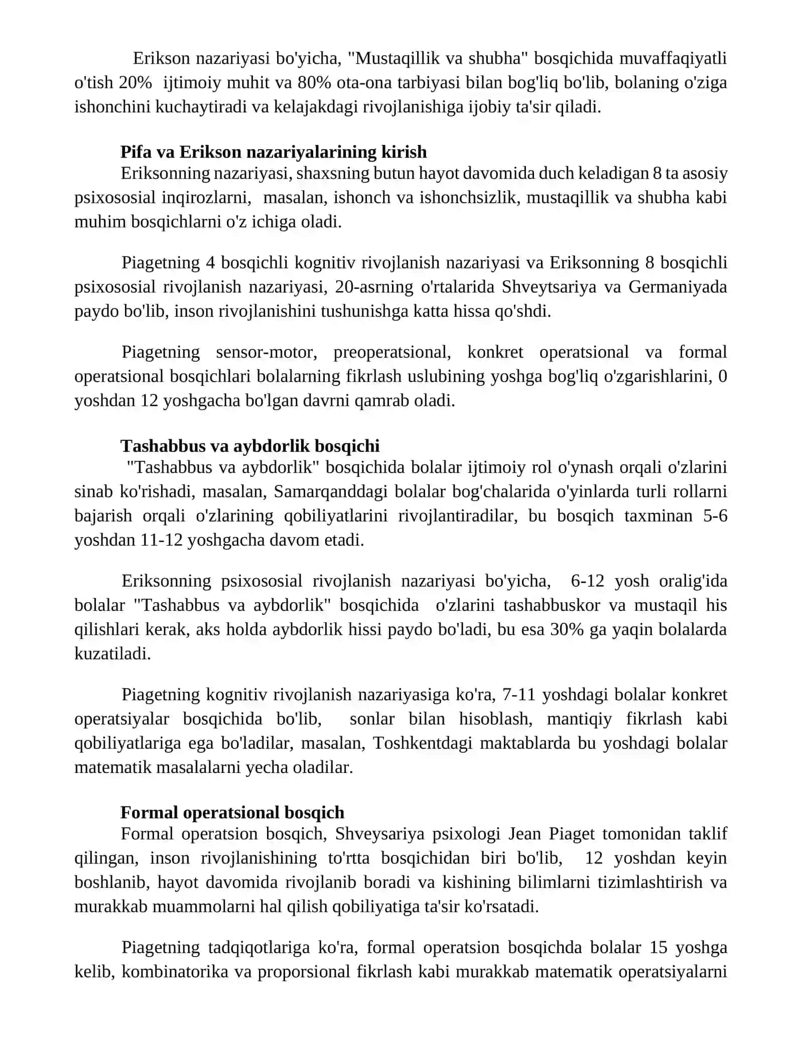 Jan Piaget va Erik Erikson nazariysi insoning rivojlanish bosqichi 2