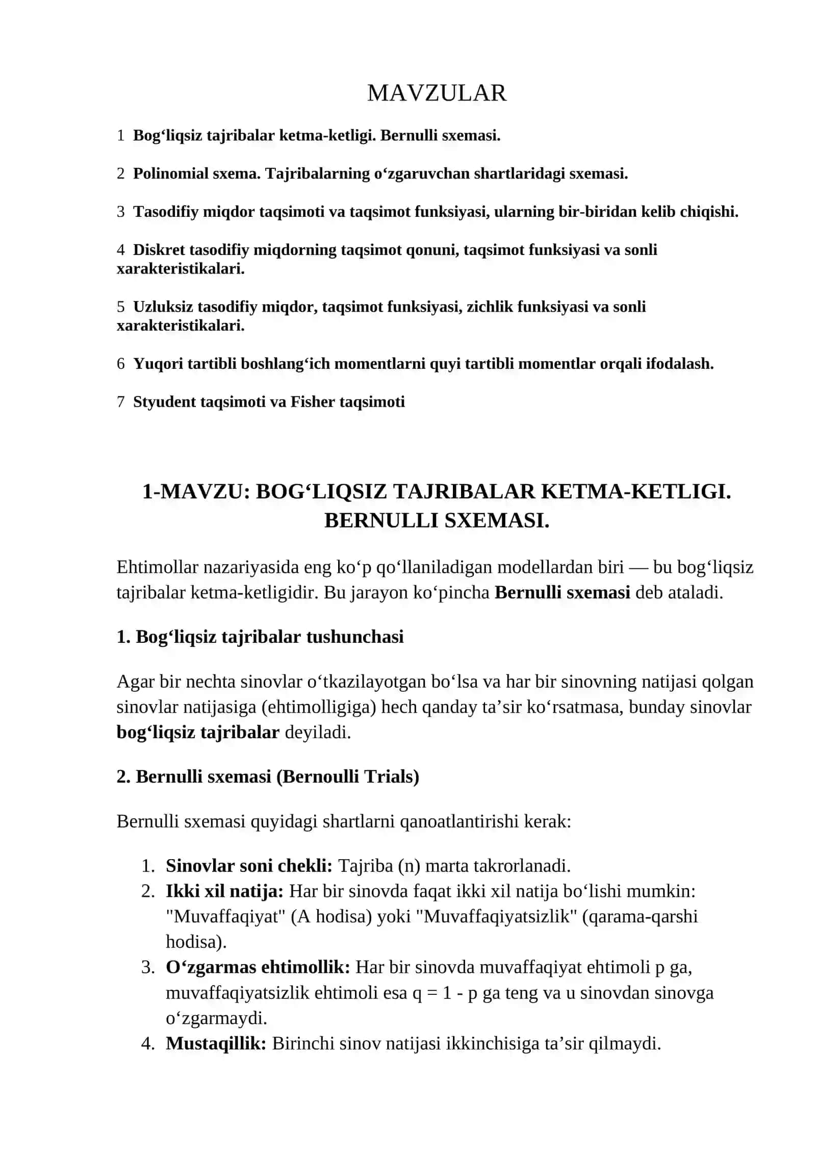 2-Mustaqil ish.BOG‘LIQSIZ TAJRIBALAR KETMA-KETLIGI. BERNULLI SXEMASI 2