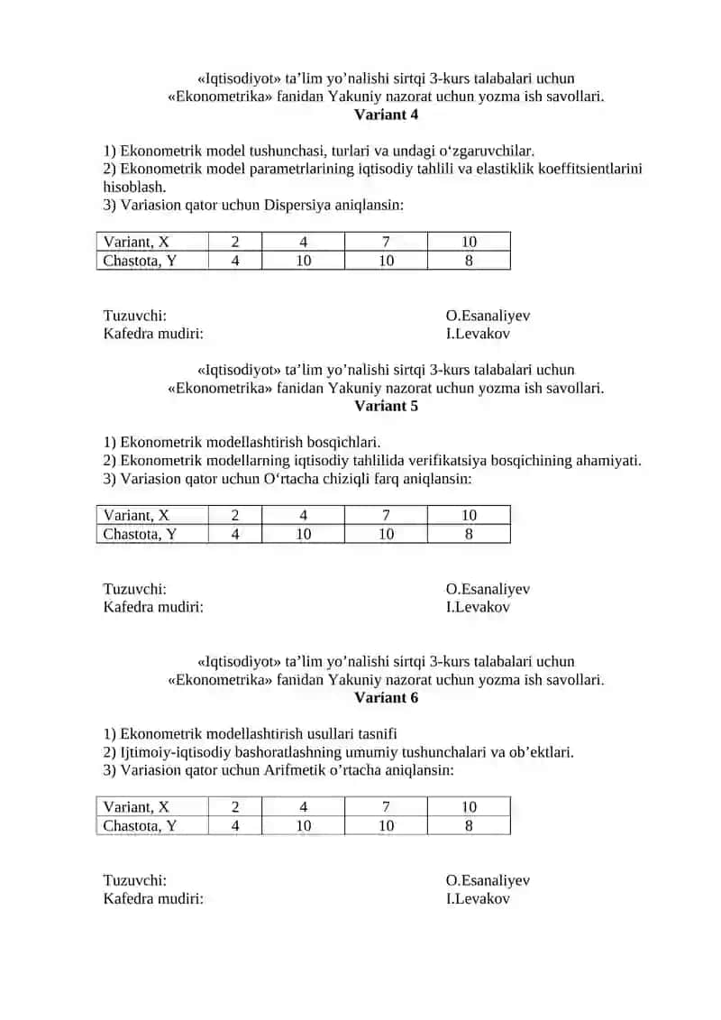 Ekonometrika fanidan Yakuniy nazorat uchun yozma ish savollari 2