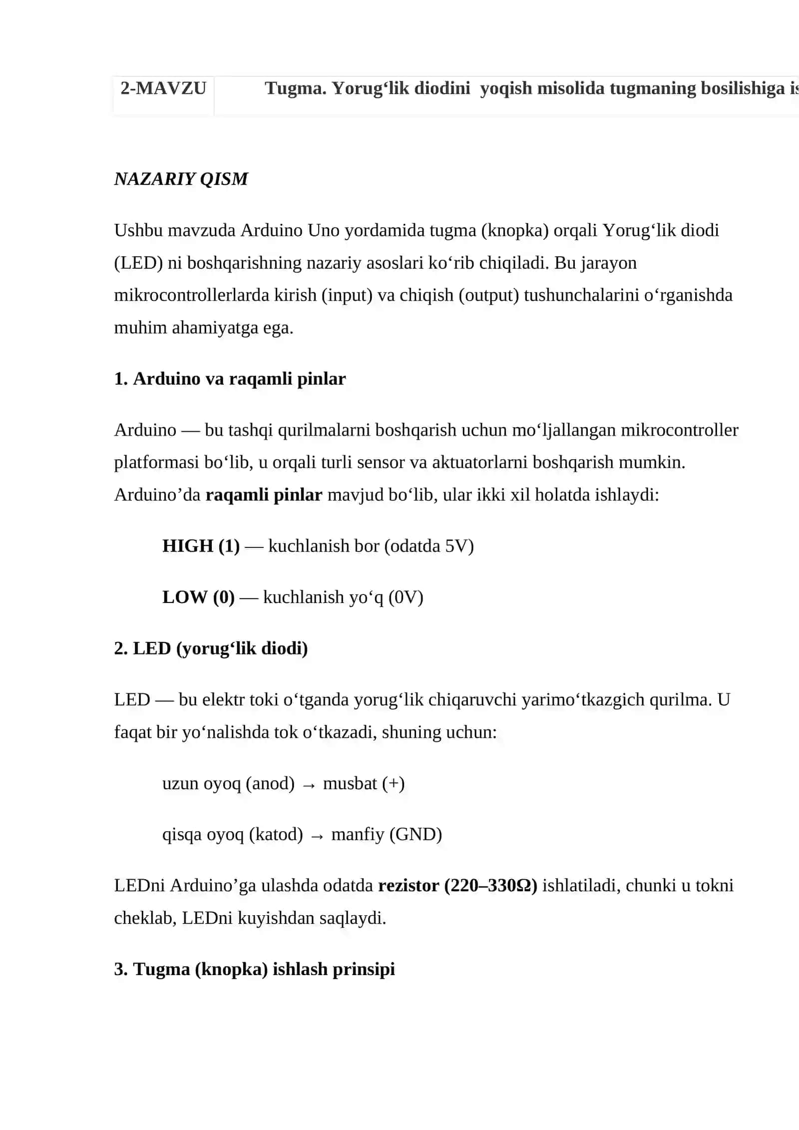Tugma. Yorug‘lik diodiniyoqish misolida tugmaning bosilishiga ishlov berish 2