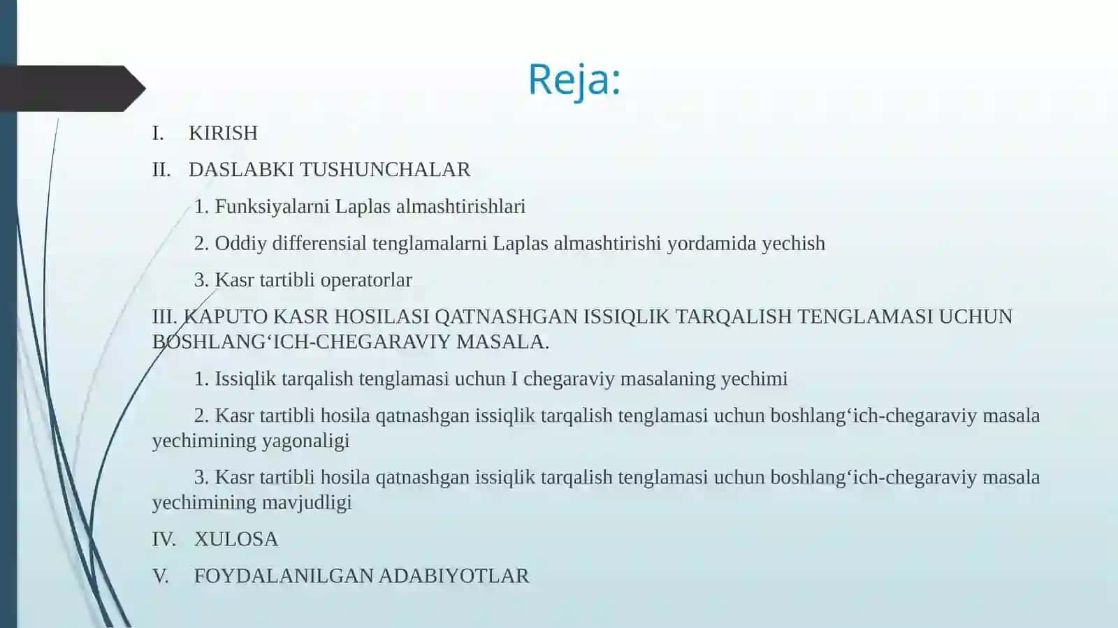 KAPUTO KASR HOSILASI QATNASHGAN ISSIQLIK TARQALISH TENGLAMASI UCHUN BOSHLANG‘ICH-CHEGARAVIY MASALA 2