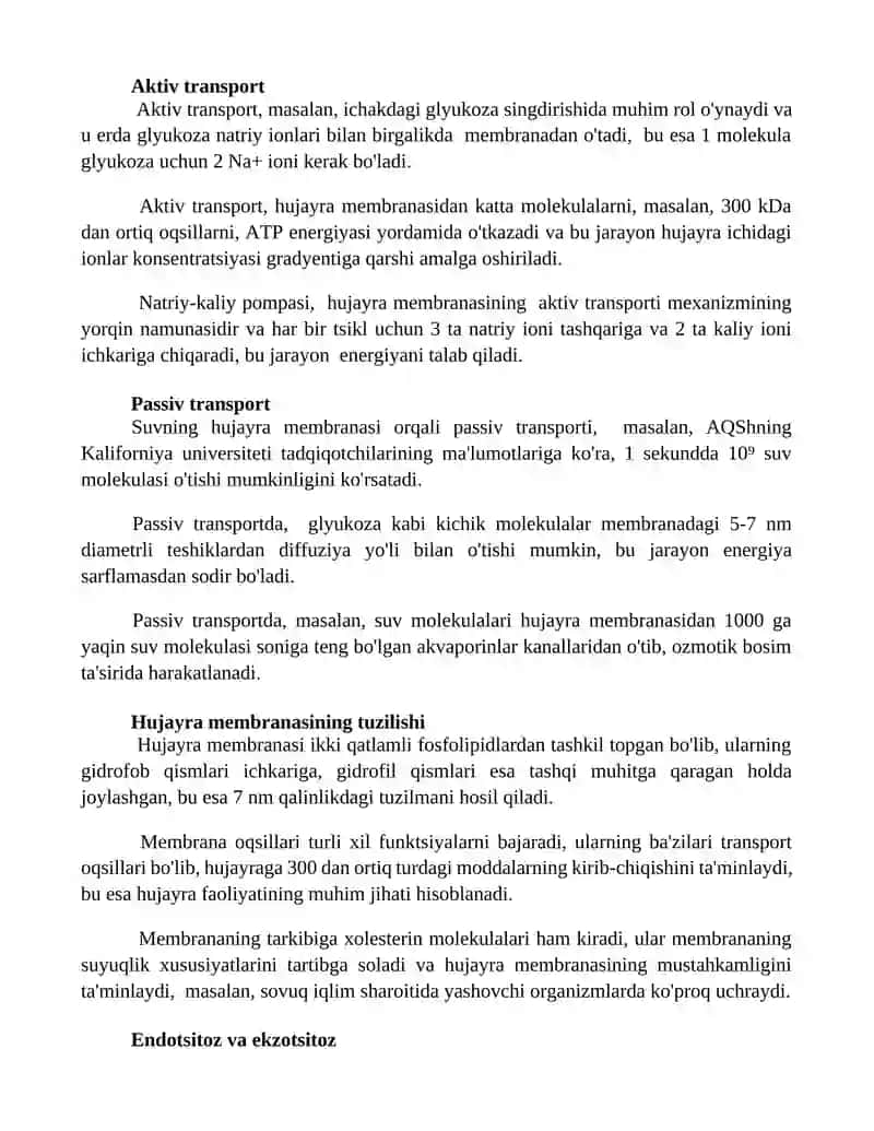 Hujayra membranasining tuzilishi va funksiyasi 2