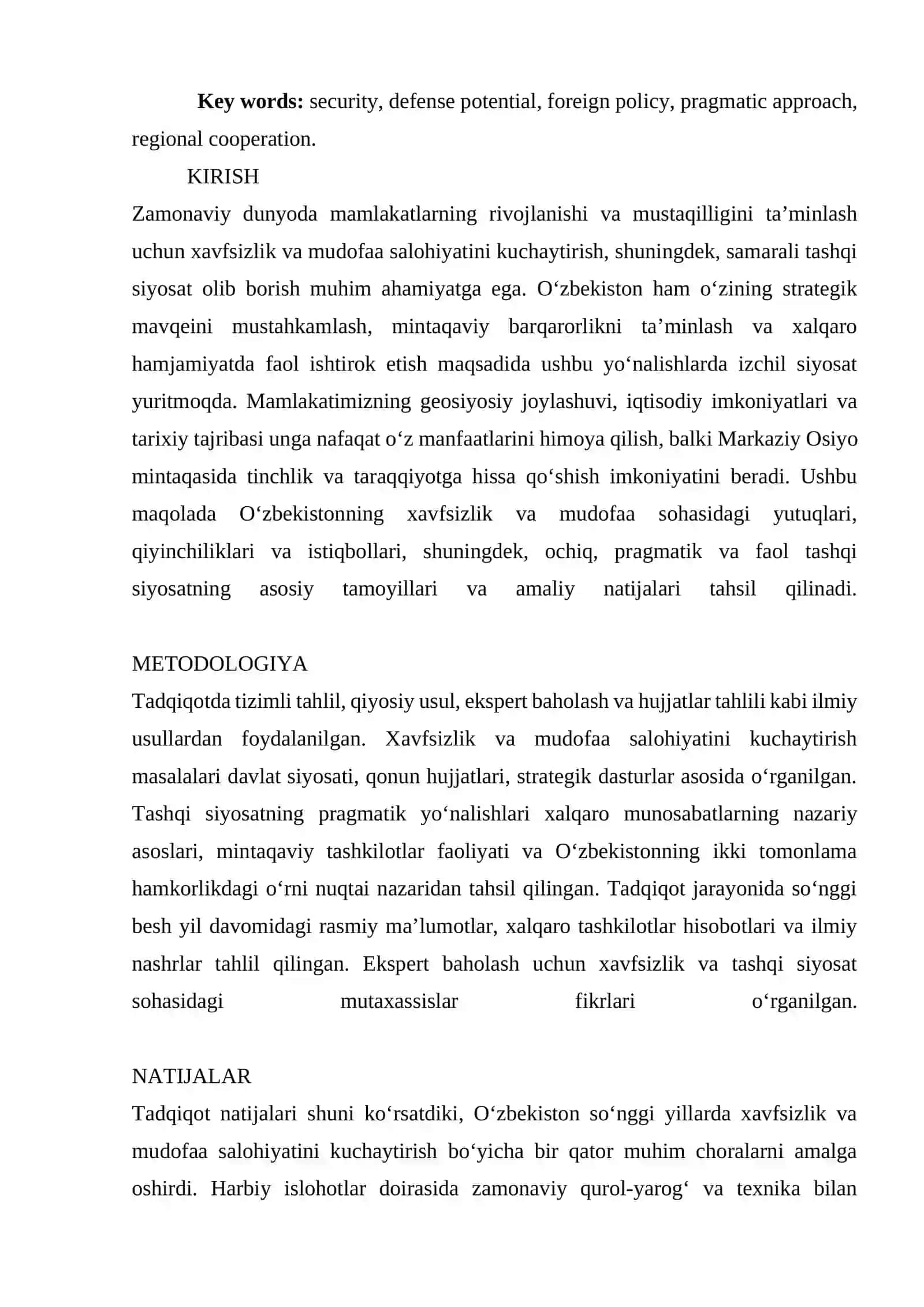 MAMLAKATIMIZ XAVFSIZLIGI VA MUDOFAA SALOHIYATINI KUCHAYTIRISH, OCHIQ, PRAGMATIK VA FAOL TASHQI SIYOSAT OLIB BORISH 2