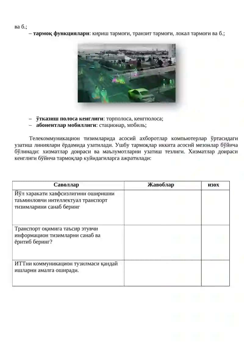 ИНТЕЛЛЕКТУАЛ ТРАНСПОРТ ТИЗИМИЛАРИДА КОММУНИКАЦИОН ИНФРАСТРУКТУРА (амалиёт) 2