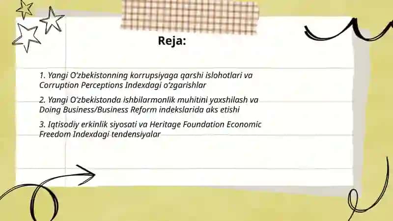 Yangi O‘zbekiston ijtimoiy-siyosiy, iqtisodiy va madaniy hayotida roʻy berayotgan oʻzgarishlarning xalqaro reyting va indekslarda aks etishi 2
