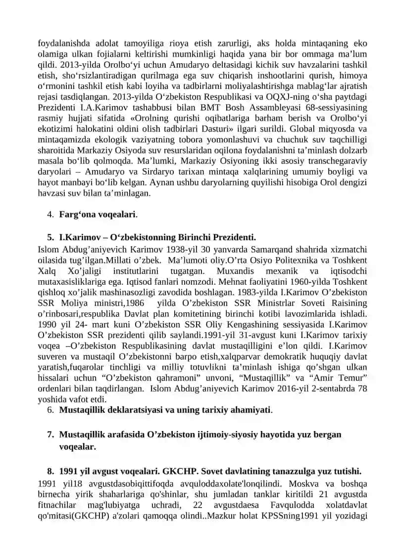 O’zbekistonning eng yangi tarixi fanidan yakuniy nazorat savollari 2