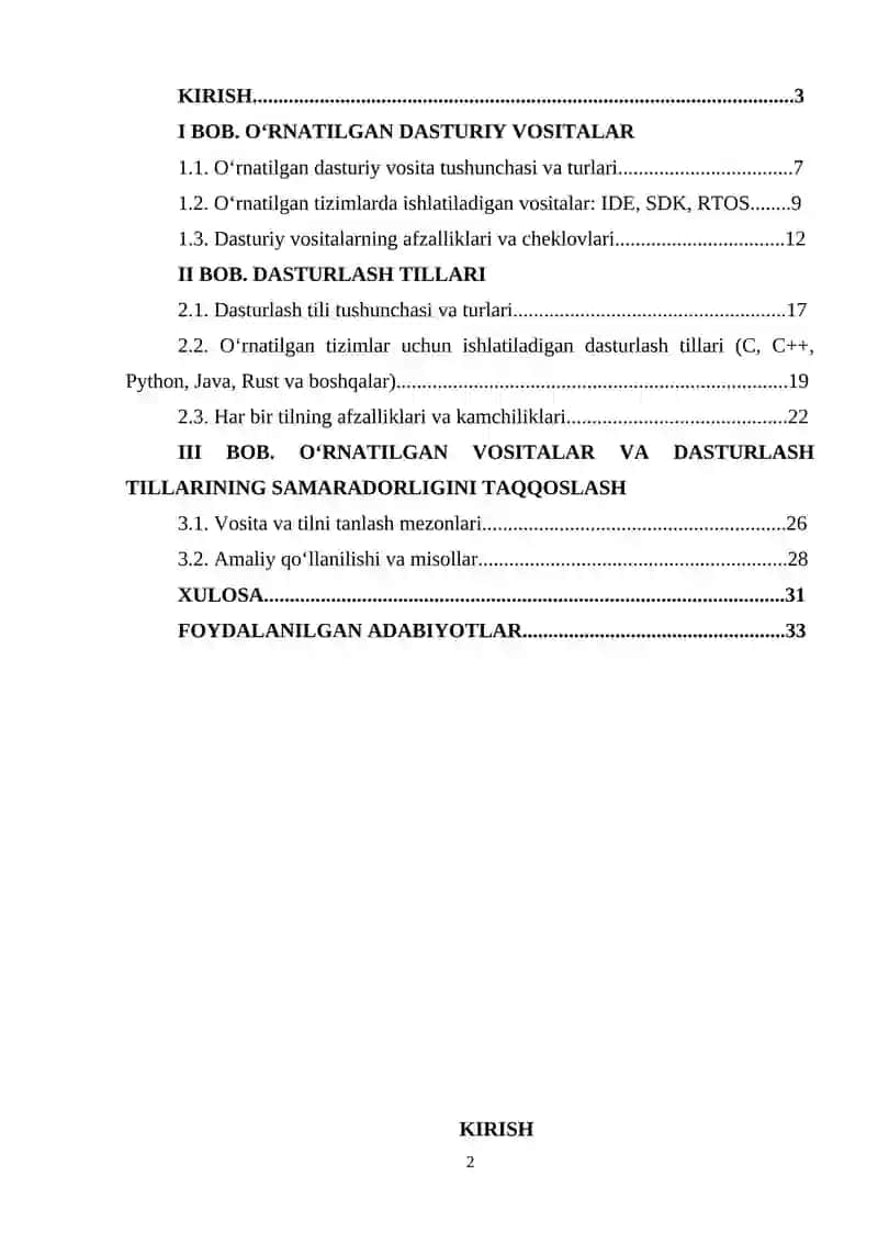 O‘rnatilgan dasturiy vositalar va dasturlash tillari sharhi 2