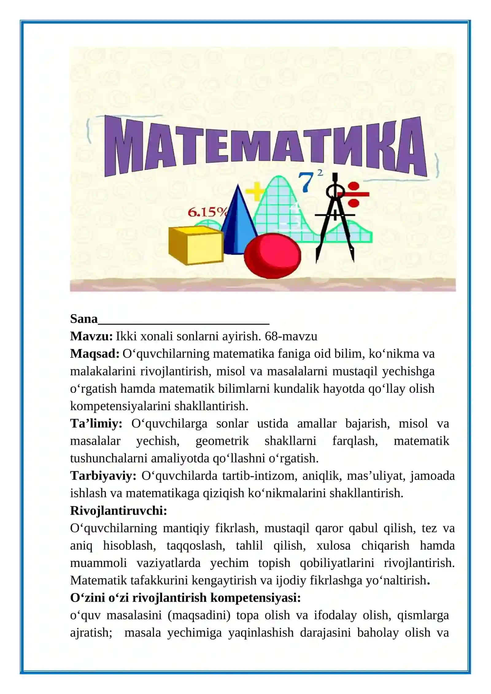 1-sinf. Matematika.Ikki xonali sonlarni ayirish. 68-mavzu 2