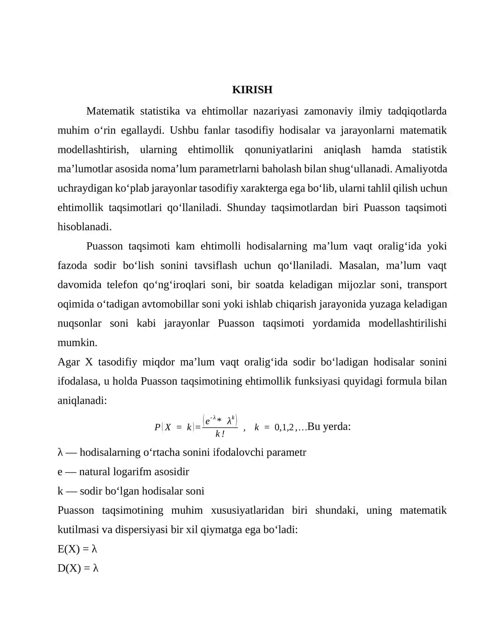 PUASSON TAQSIMOTINING NOMA'LUM λ PARAMETRI UCHUN NUQTAVIY VA ORALIQ BAHOLAR 2