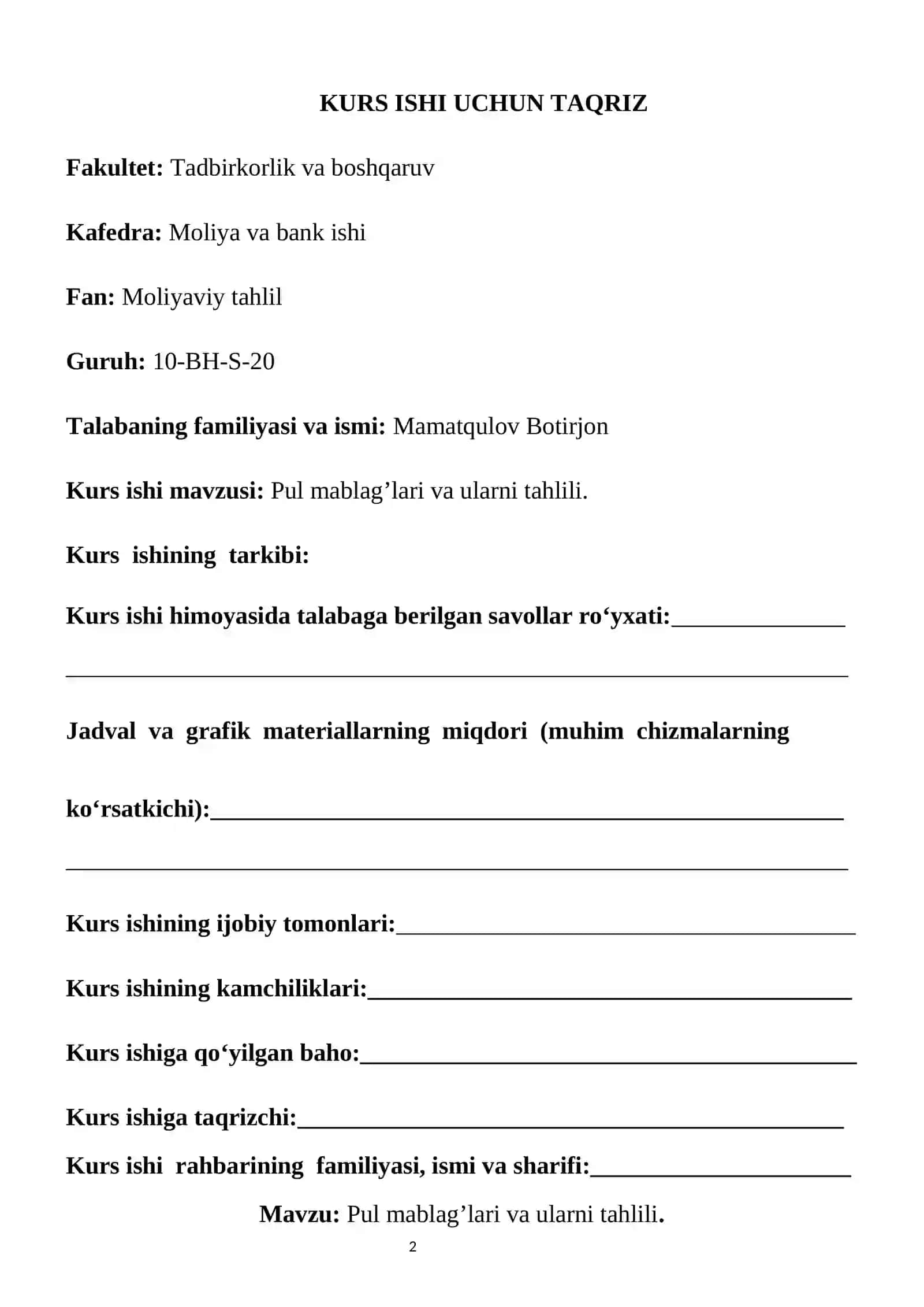 Pul mablag’lari va ularni tahlili 2